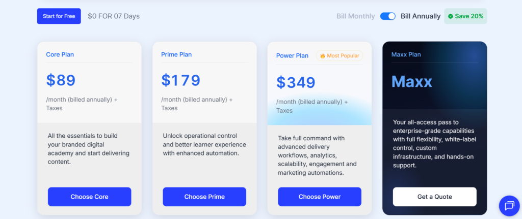 Edmingle pricing page with its four plans: Core, Prime, Power, and Maxx